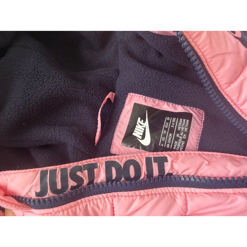 Nike Girls Pink Puffer Jacket Fleece Lined Hooded Full Zip Coat Size 4 XS 3-4Y
